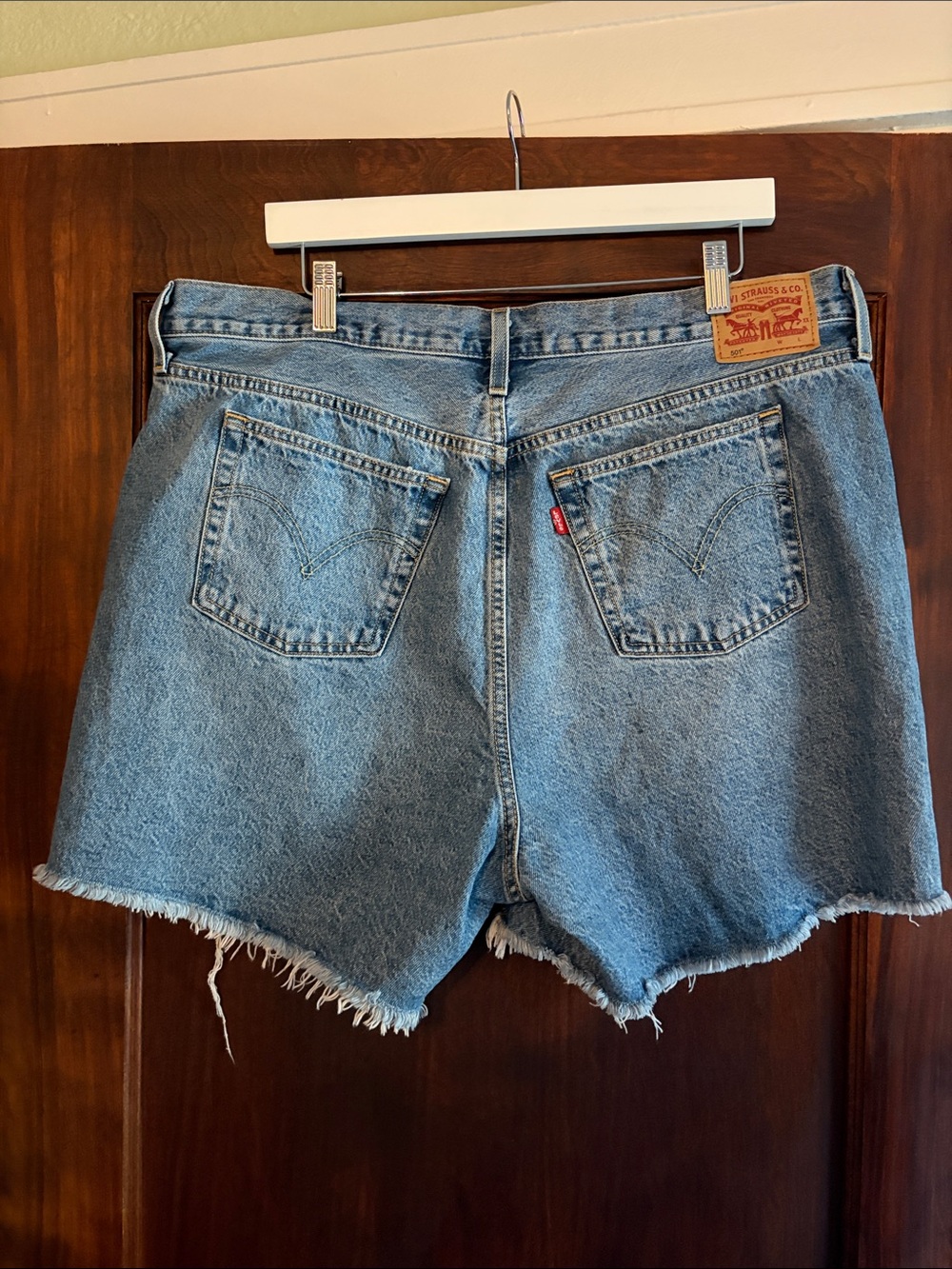Levi's 501 Distressed High-Rise Light Blue Denim Shorts - Picture 3 of 4